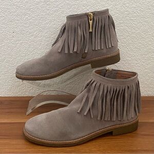 KATE SPADE Gray Taupe Suede Leather Fringe Tassel Side Zip Booties Size 7.5M